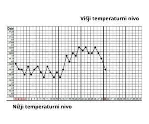 Shema bazalne telesne temperature skozi cikel: predovulacijska nižina, postovulacijski dvig, zgodnja nosečnost